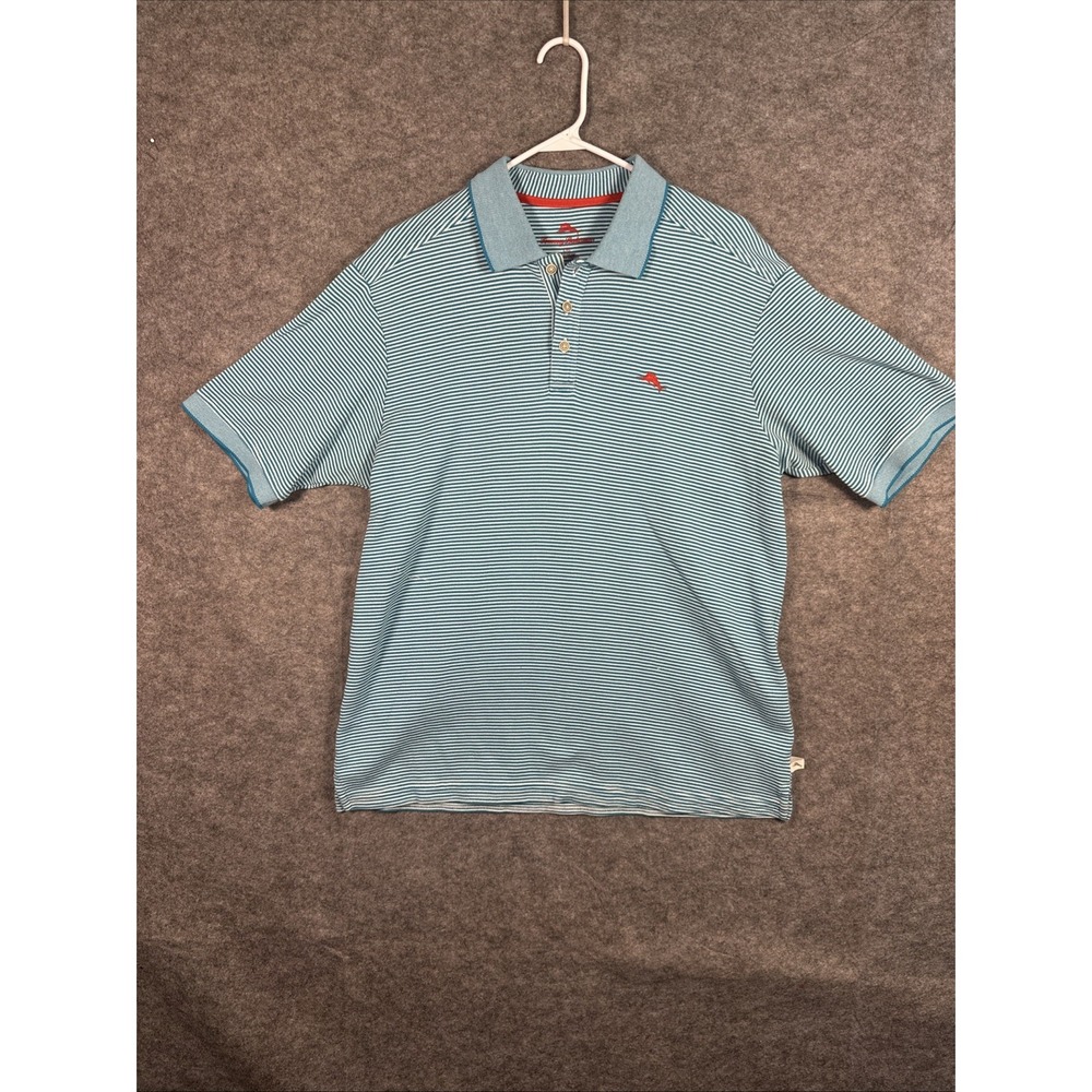 Tommy Bahama Polo‎ Men's Large Island Zone UV Protection Teal Stripe Shirt